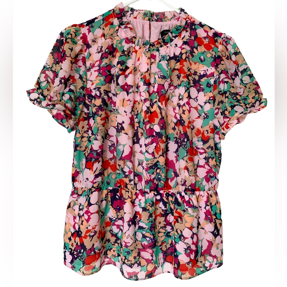 J Crew blouse top S floral ruffle neck chiffon elastic waist short sleeve